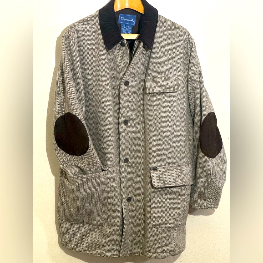 Vintage Faonnable Houndstooth Leather Elbow 100% Wool 5-Button & Zipper Jacket